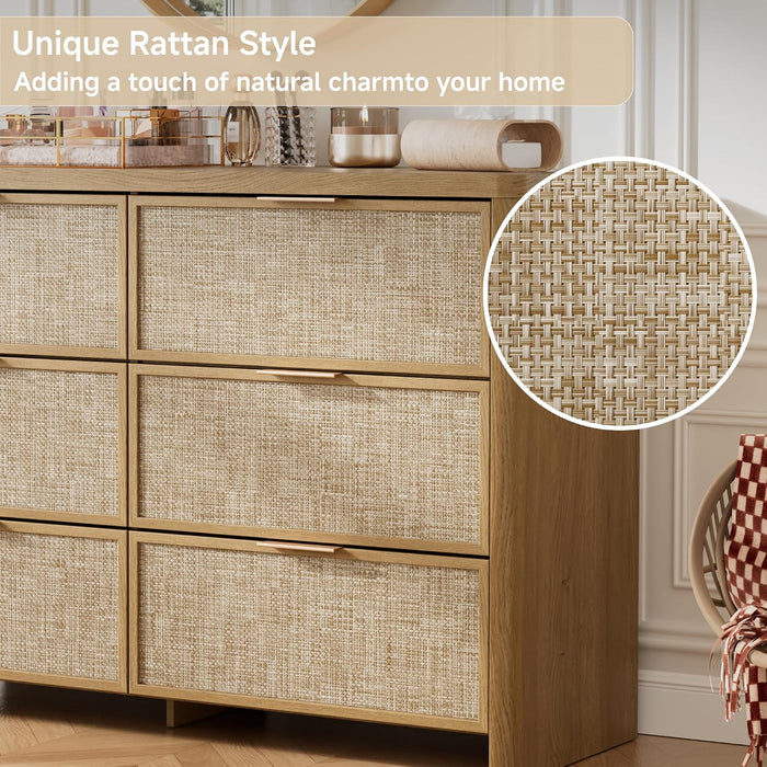 Rattan 6 Drawer Dresser for Bedroom, 47.2" Wide Curved Dressers & Chests of Drawers with 6 Deep Drawers, Large Boho Wooden Dresser W/Gold Metal Handles for Bedroom, Natural Oak