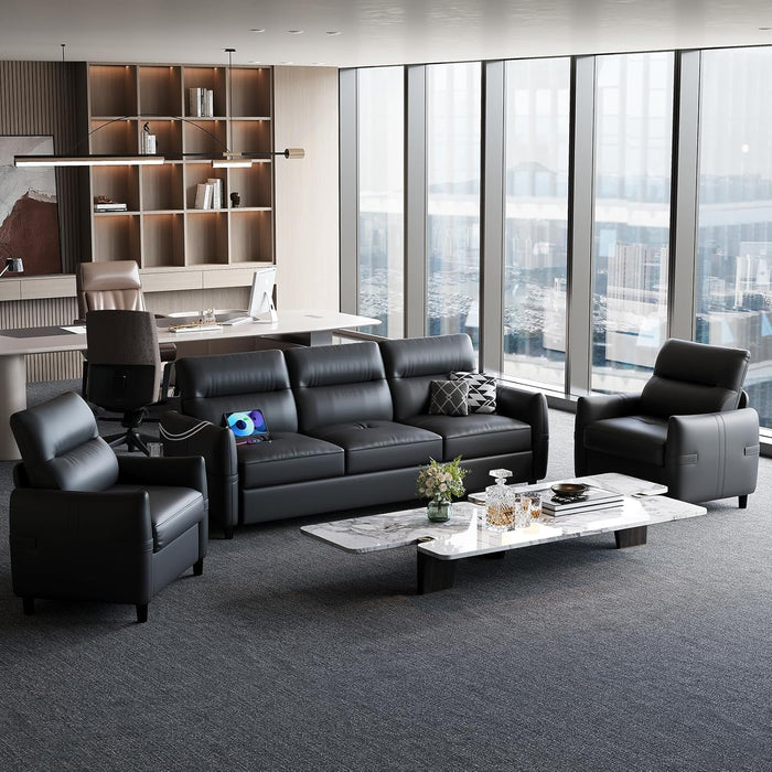 85Inch Black Faux Leather Executive Sofa USBChargingPorts