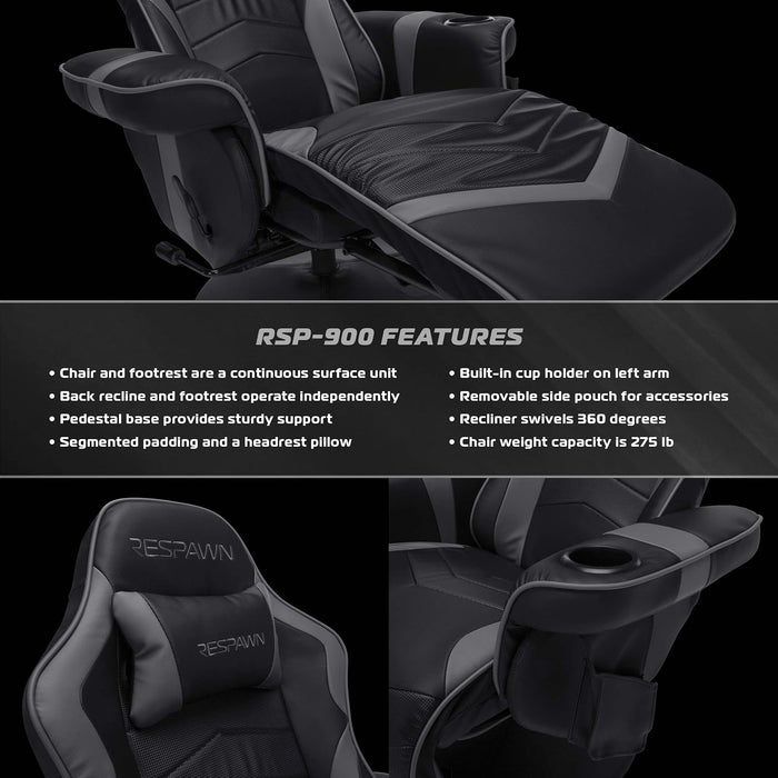 900 Gaming Recliner - Video Games Console Recliner Chair, Computer Recliner, Adjustable Leg Rest and Recline, Recliner with Cupholder, Reclining Gaming Chair with Footrest - Gray