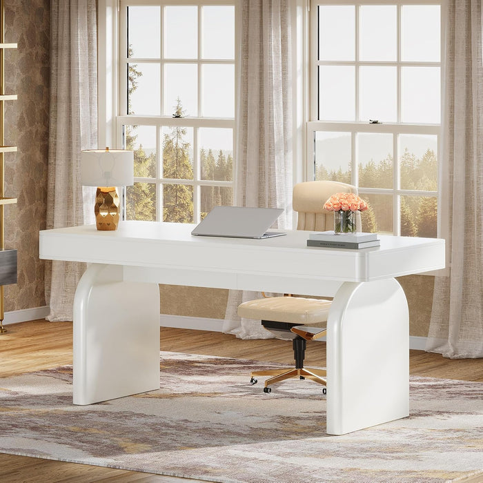 White Desk with Drawers, 63-Inch Modern Executive Office Desk, Glossy Elegant Work Study Writing Table for Home Office, Cream White