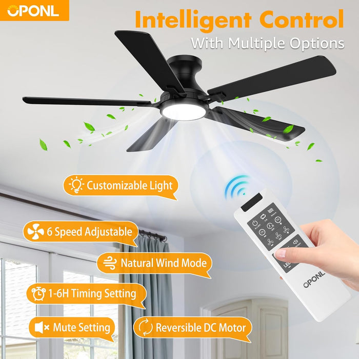 52 Inch Ceiling Fans with Light, Black Ceiling Fan with Light and Remote Control, Dimmable LED, Noiseless DC Reversible Motor, Flush Mount, Low Profile Ceiling Fans for Indoor/Outdoor Use
