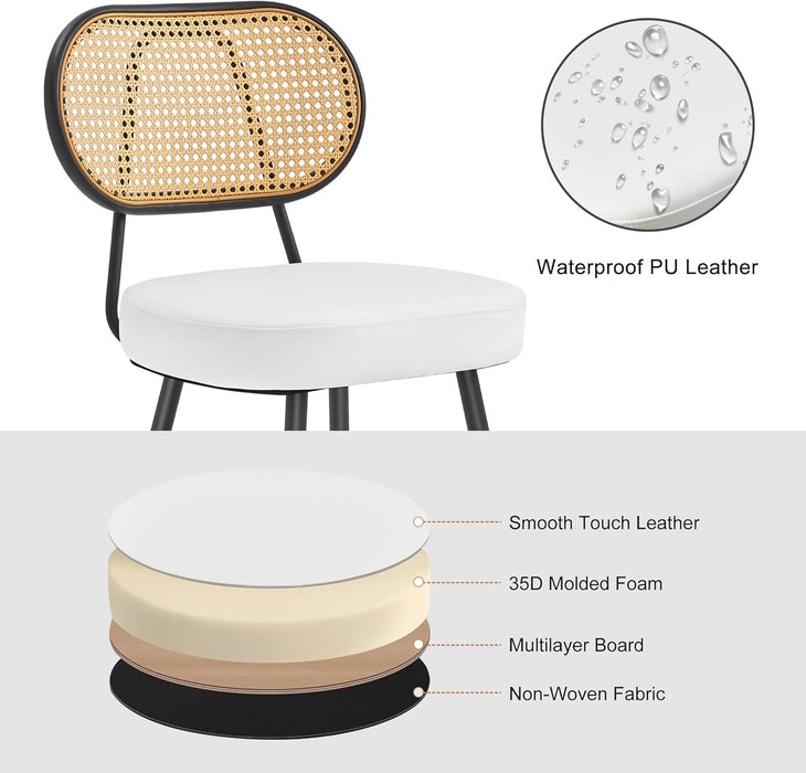 Bar Stools Set of 3, 26" Counter Height Barstools with Rattan Back and Metal Legs, Upholstered Faux Leather Bar Chairs for Kitchen Island, Home Bar, Beige