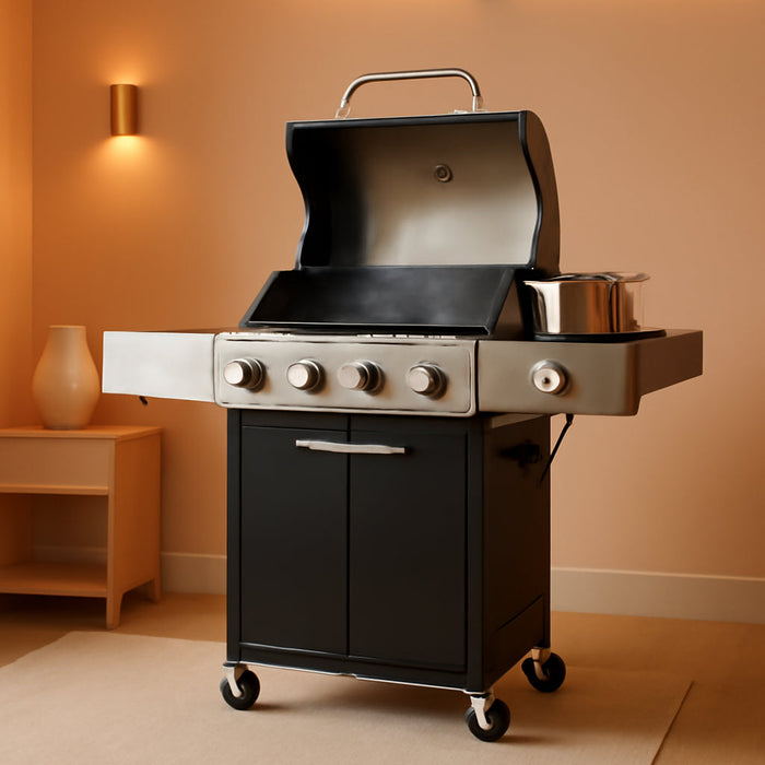 40,500 BTU 3-Burner Propane Gas Grill with Side Burner,Stainless Steel Outdoor BBQ Grill Portable with Wheels and Cast Iron Grates for Patio Garden Barbecue Cooking