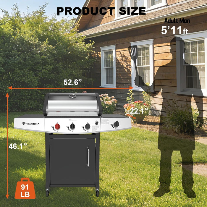 4 Burners Propane Gas Outdoor Grill 50,000 BTU, 553 Sq.In, Searing Burner, Side Burner, Porcelain-Enameled Grates BBQ Grill, Stainless Steel Propane Grill, Patio Garden Family Party Barbecues