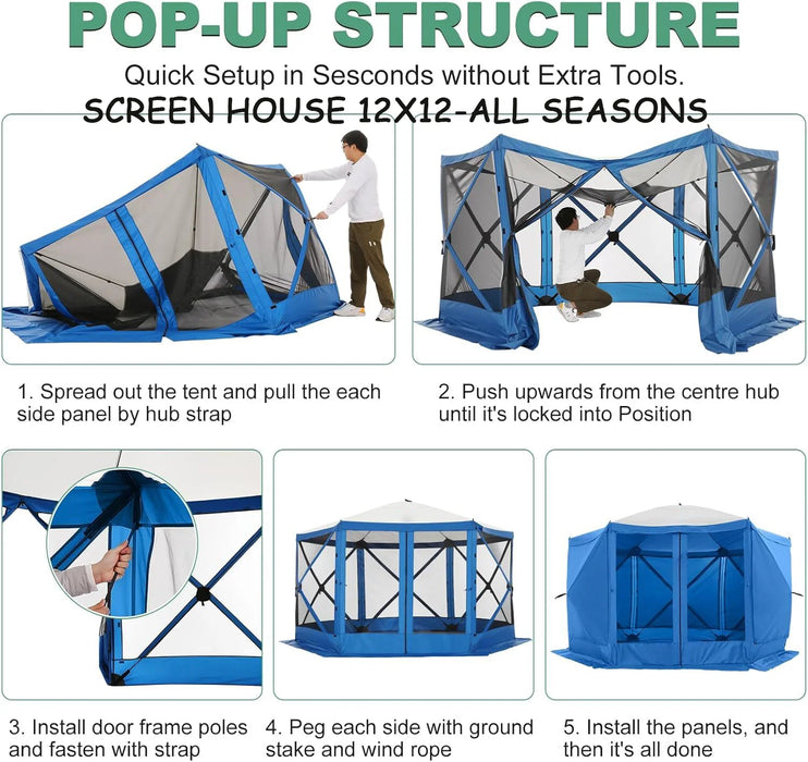 12X12 Pop up Canopy Gazebo, Outdoor Canopy Tent Screen House with 6 Sidewalls and Netting for Camping, Waterproof, UV Resistant, Ez Set-Up Party Tent with Carrying Bag and Ground Stakes,Blue