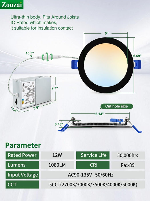 24 Pack 6 Inch Black 5CCT Reset Ultra-Thin LED Recessed Ceiling Light with Junction Box, 2700K/3000K/3500K/4000K/5000K Selectable, 12W Eqv 110W,Dimmable- ETL and Energy Star Certified