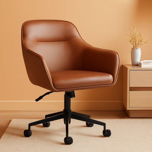 Rayna Swivel Task Chair with Flared Arms for Home Office in Saddle Brown Faux Leather with Oil Rubbed Bronze Frame