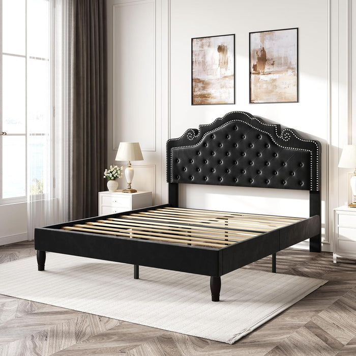 Queen Bed Frame with Adjustable Headboard/Velvet Upholstered/Diamond Button Tufted and Metal Studs/No Box Spring Needed/Wood Slat Support/Easy Assembly/Black