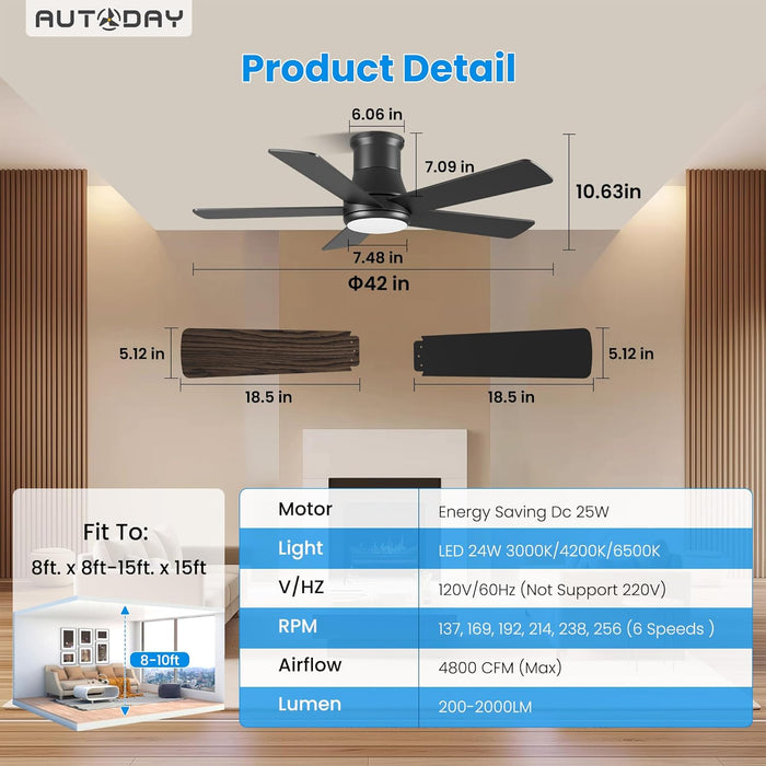 42 Inch Low Profile Ceiling Fan with Light, Black Ceiling Fans with Lights and Remote, Flush Mount, 6 Speeds Reversible Quiet DC, 3CCT Dimmable, Indoor Outdoor Ceiling Fans for Patios Bedroom