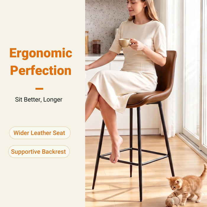 Counter Height Bar Stools Set of 4, FSC Certified Upholstered Faux Leather Barstools with Back, Metal Base, 27" Seat Height, Modern Upholstered Counter Stools for Kitchen Island,(Walnut Brown