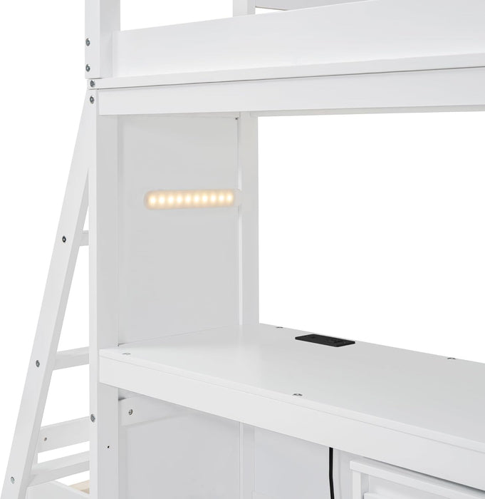 Modern Twin Wood Bunk Bed with LED Light and USB Ports, Storage Bunk Bed with Desk, Ladder for Bedroom, Dorm,Appartment Space-Saving White