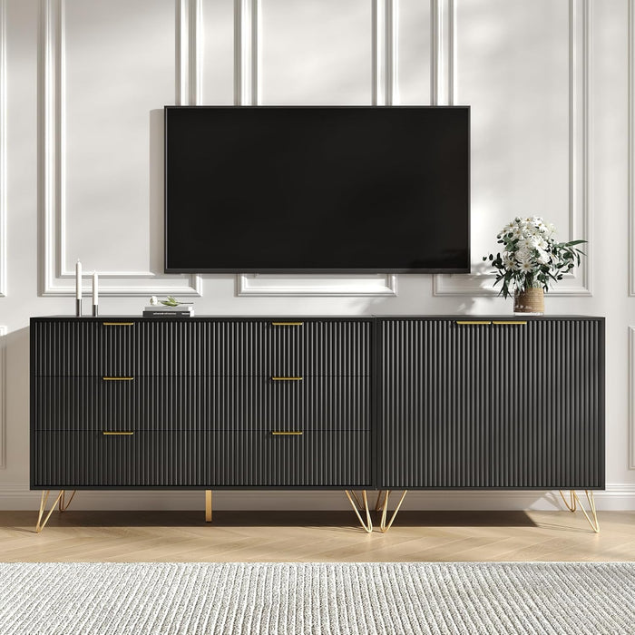 78” Fluted TV Stand for Tvs up to 80 Inch, Entertainment Center with Storage and Adjustable Shelves, Modern Media Console with Golden Handles for Living Room, Black