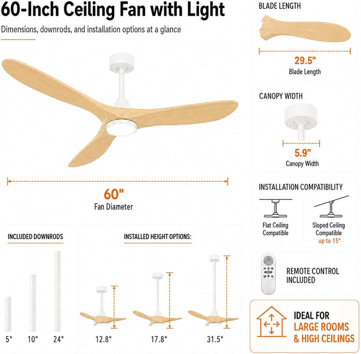 60" Ceiling Fan with Light, Oak Wood-Look ABS Plastic Blades