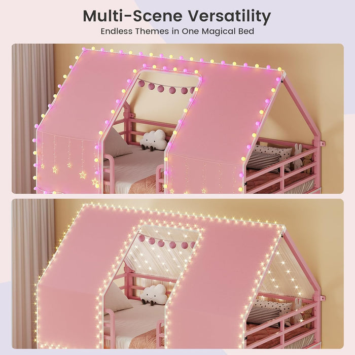 Pink Twin Over Twin Bunk Bed With LED Lights And Play Curtain