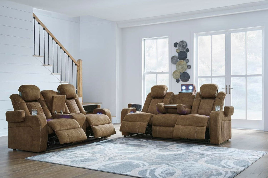 Wolfridge Contemporary Faux Leather Power Reclining Sofa with Drop down Table, LED Lights, Electrical Outlet, Wireless Charging, USB Ports and Cup Holders, Light Brown
