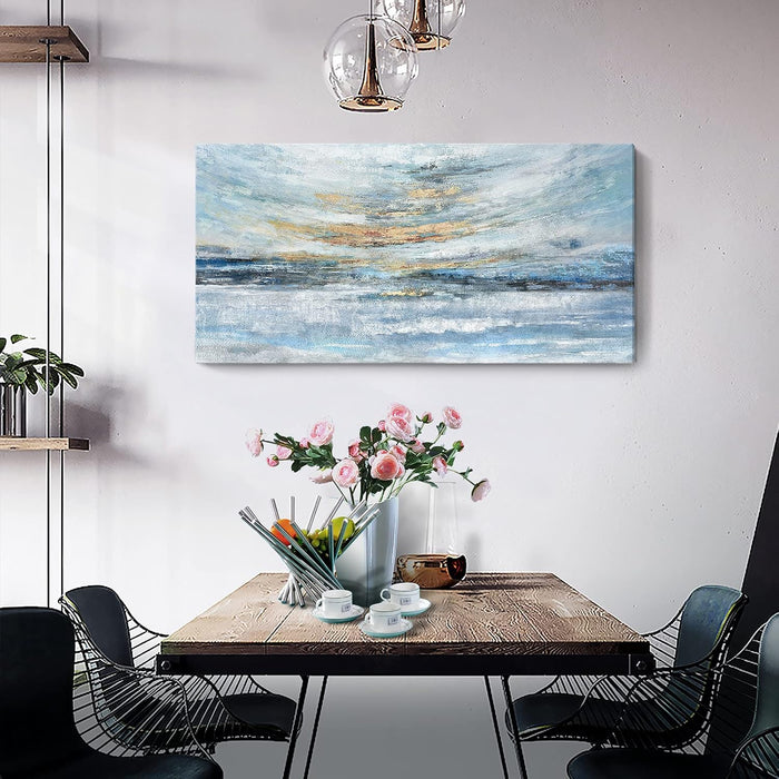 Abstract Wall Art for Living Room Large Framed Light Blue Canvas Print Coastal Theme Artwork Modern Ocean Skyline and Sunset & Sunrise in the Seaside Painting for Home Bedroom Décor 48X24Inch