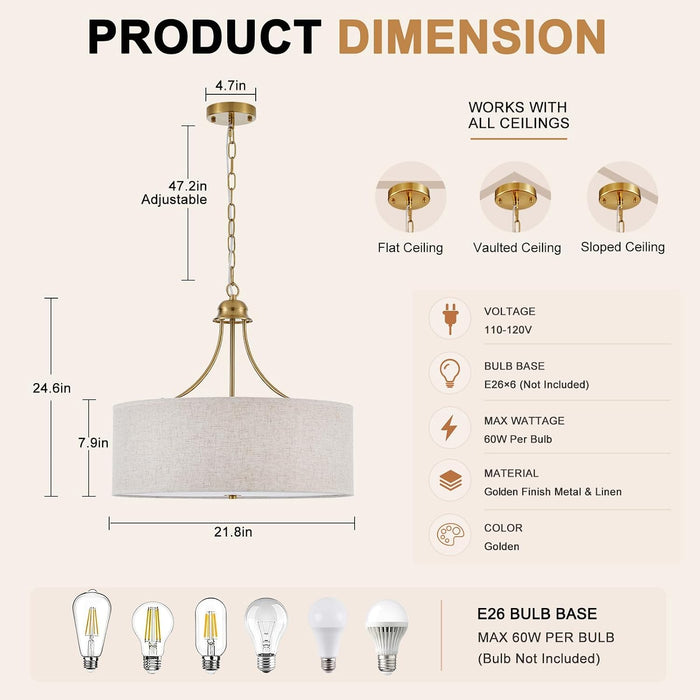 21.8" Large Drum Chandelier, 6-Light Gold Linen Light Fixture