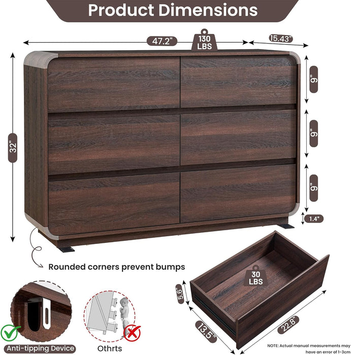 Walnut 6 Drawer Dresser Curved 47Inch BedroomStorage