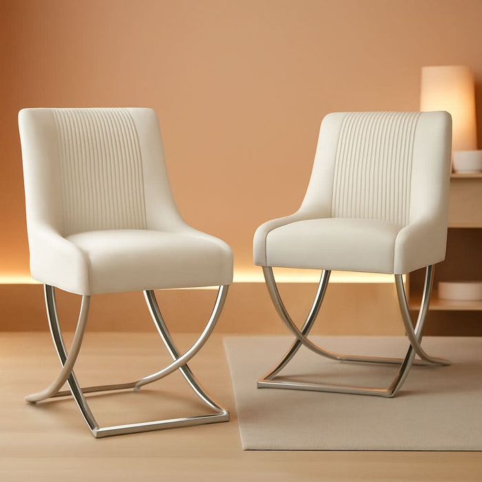 Kitchen Dining Chairs Set of 2,Accent Modern Upholstered Velevt,Contemporary Tufted Metal Chairs with X-Shaped Sliver Legs for Dining Room,Living Room, Reception Room(Beige)