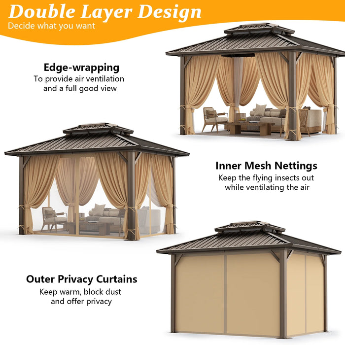 10X12 Hardtop Gazebo Aluminum Gazebos with Galvanized Steel Double Roof Metal Gazebo with Curtains and Netting Permanent Steel Gazebo for Backyard, Garden and Patio, Brown