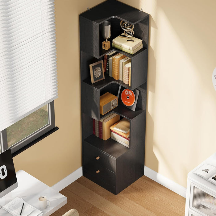 Corner Bookshelf, 70.87" Tall Corner Bookcase with Drawers, Corner Shelf Storage Display Rack for Living Room Home Office, Black