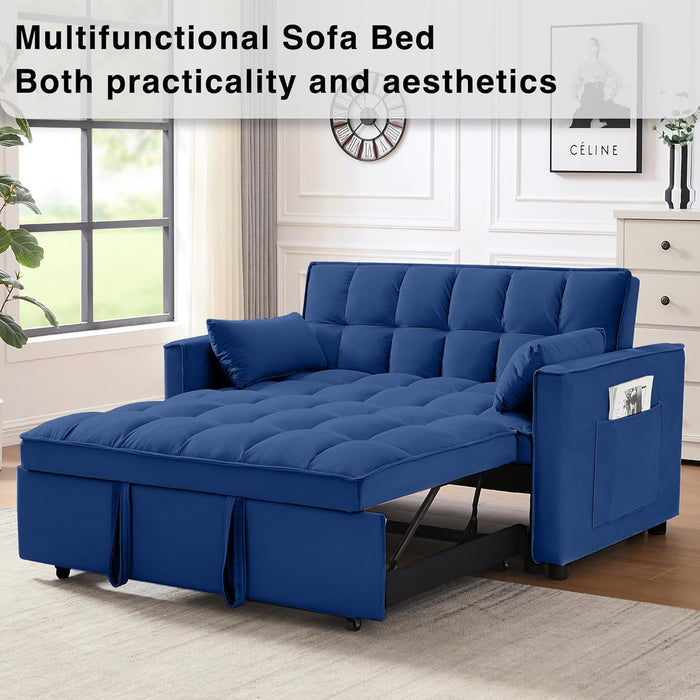 3 in 1 Convertible Sleeper Sofa Bed, Futon Couches for Living Room with Side Pocket | Adjustable Backrest| Velvet Fabric | Pull Out Couch | Recliner Loveseat | Sectional Sofa, Blue