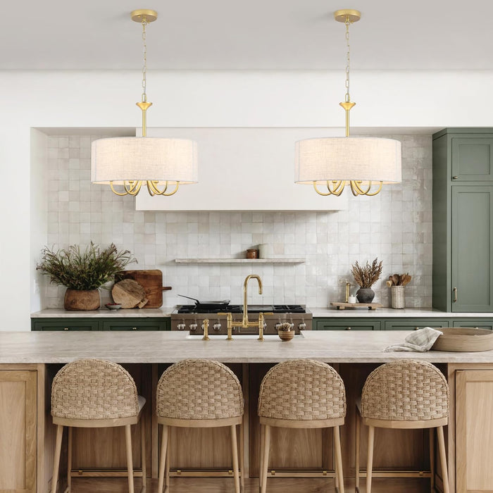 Gold Drum Chandelier for Dining Room, 6-Light Modern Farmhouse Chandelier with Linen Shade, 18" Brass round Chandelier Hanging Light Fixture for Kitchen Island Bedroom Living Room Entryway