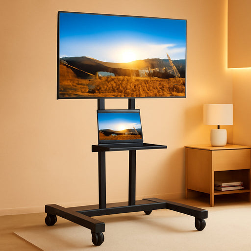 Mobile TV Cart for 32-83 Inch Screens up to 110 Lbs, Height Adjustable Rolling TV Stand with Locking Wheels and Metal Shelf, Portable Outdoor Floor TV Stand Movable Monitor Holder for Home Office