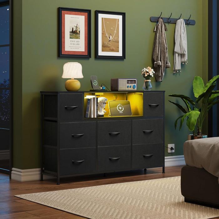 Black Dresser for Bedroom, TV Stand for Bedroom for 55 Inch TV with Charging Station and LED Lights, Fabric Chest of Drawers with Open Shelves, 8 Drawers Dressers for Living Room, Closet