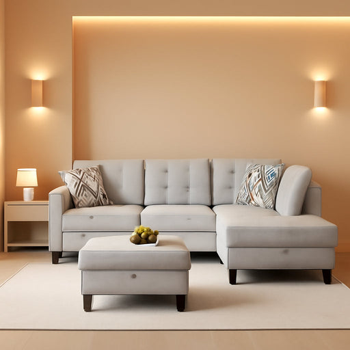 L-Shaped 3-Piece Flannel Sofa with Ottoman, Sectional Couch Set for Living Room, Office, Apartment, with Cup Holder, Grey White