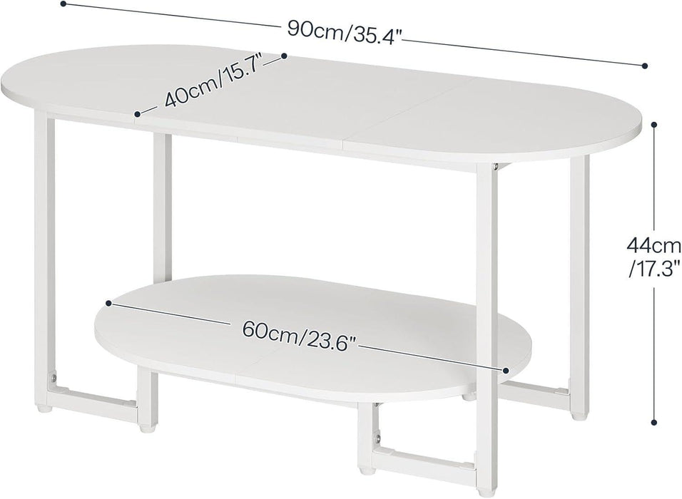 Coffee Table for Living Room, Oval Small Coffee Table with 2-Tier Open Storage Shelf, Industrial Cocktail Tea Table, Wooden Desktop Center Table, Farmhouse, Home Office, White WW09KF01