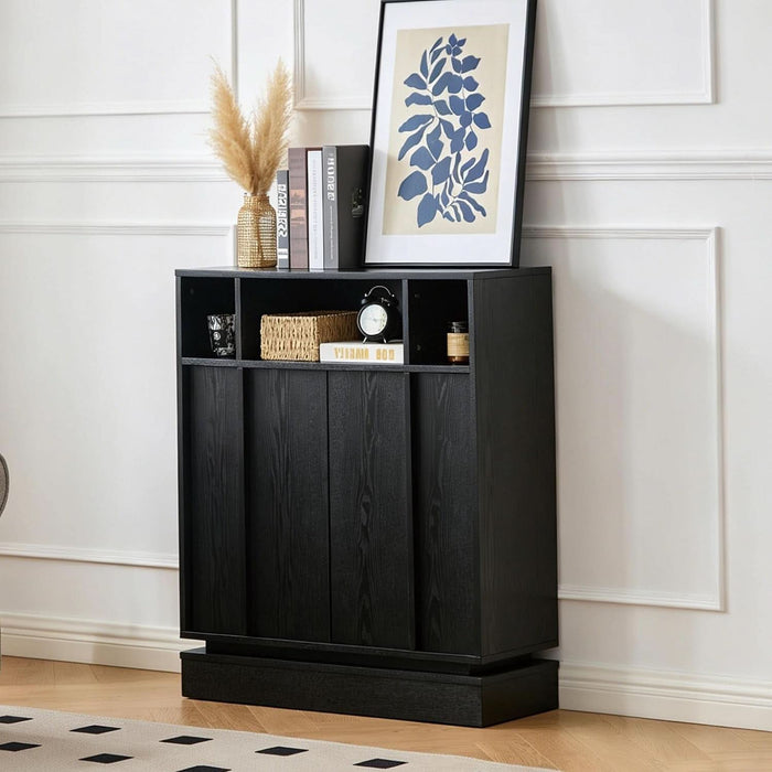 Wooden Sideboard Buffet Cabinet with Open Storage & Adjustable Shelves,Farmhouse Narrow Entryway Cabinet with Socket Hole & Anti‑Tip Kit,Slim Accent Cabinet for Small Spaces (Black 31.7")