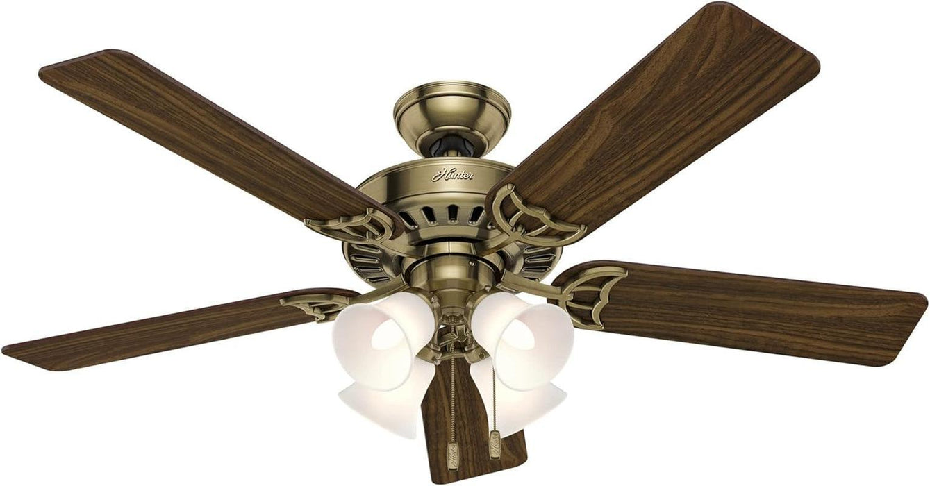 Fan Company, 53063, Studio Series 52 Inch Ceiling Fan with Lights, 4 Covered Energy Efficient LED Lights, Pull Chain, Antique Brass