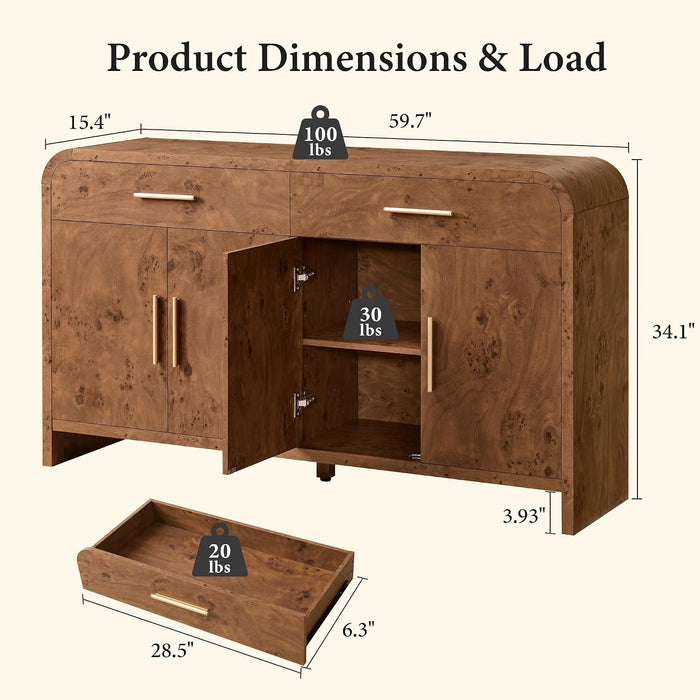 59" Sideboard Buffet Cabinet with Storage, 4 Doors Cabinet, Dark Burl