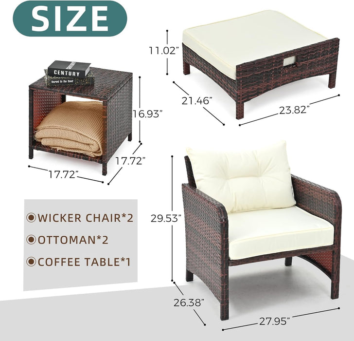 5 Pieces Patio Furniture Set, Rattan Balcony Furniture with Ottomans, PE Wicker Outdoor Patio Chairs Set with Coffee Table for Poolside, Porch, Lawn, Garden, Balcony(Beige)