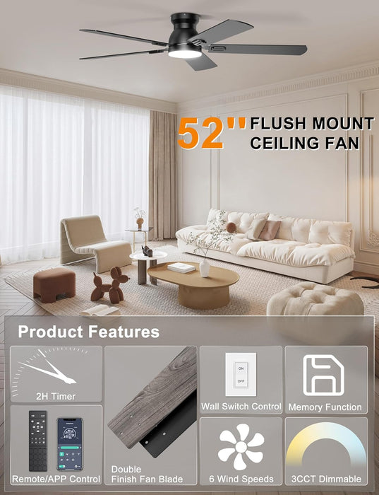 Ceiling Fans with Lights, 52 Inch Low Profile Ceiling Fan with Light and Remote/App Control, Flush Mount, Dimmable, Qiuet DC Motor, Black Ceiling Fan for Bedroom, Living Room