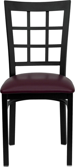 HERCULES Series Black Window Back Metal Restaurant Chair - Burgundy Vinyl Seat