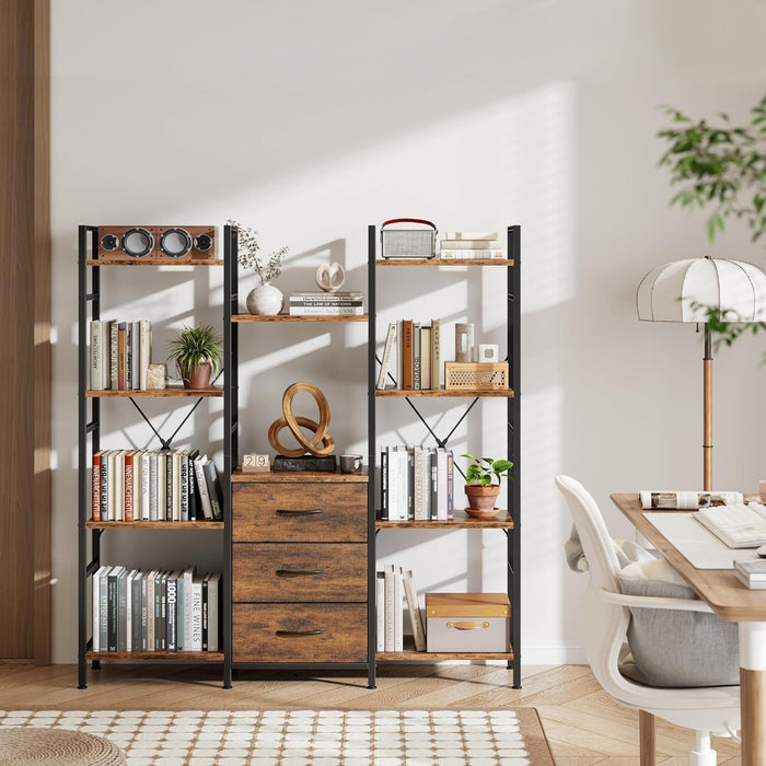 Triple Bookshelf with 3 Fabric Drawers, 4-Tier Book Shelf and 10 Display Shelves, Industrial Large Bookcase for Home & Office, Rustic Brown, 47'' Wide