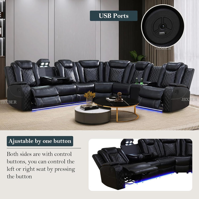 Power Recliner Sectional Sofa Set, Leather Sectional Sofa Sets for Living Room, Power Reclining Sectional Couch with Led Lights, Cup Holder, Wireless Charging, Hidden Storage, Black