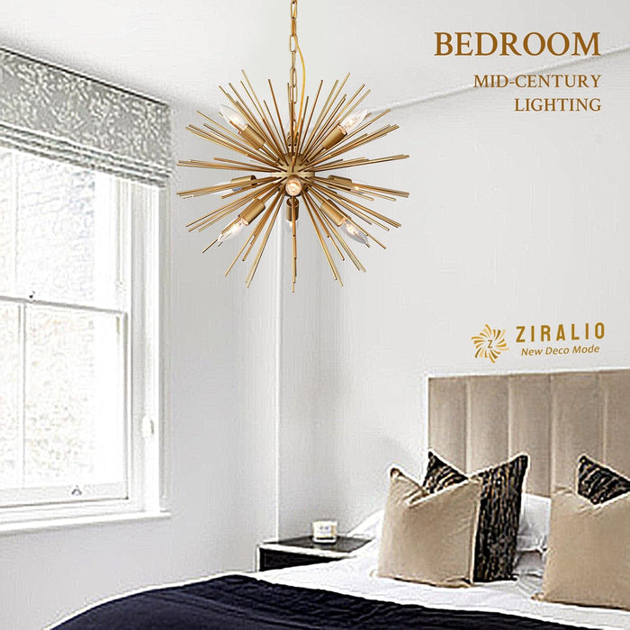 Modern 20In Gold Sputnik Chandelier 9-Lights Mid-Century Starburst Chandelier Solid Metal Firework Satellite Urchin Light Fixture over Table for Foyer Dining Room Kitchen Bedroom Living Room