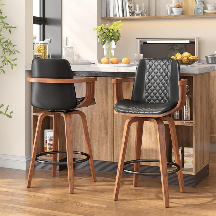 Swivel Bar Stools Set of 3, 26 Inch Bar Height Barstools with Arms and High Back, Upholstered PU Leather Counter Height Stools with Bentwood Wood Frame and Legs for Kitchen Island, Black