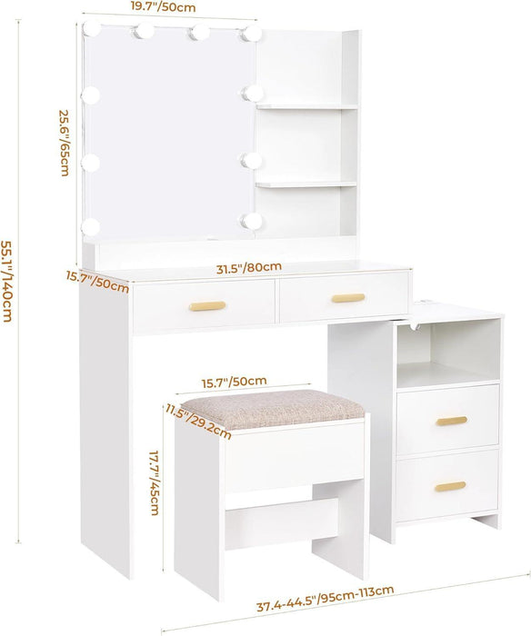 Makeup Vanity Desk with Mirror and 10 LED Lights, White Vanity with Power Outlet, 5 Drawers & Shelves, 3 Light Modes, Dressing Table with Stool for Bedroom UBDT58W