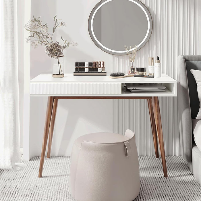 White Writing Desk with Drawers Mid Century Modern Desk, Wood Office Desk Computer Desk Vanity Desk for Small Space, White Desk with Walnut Legs