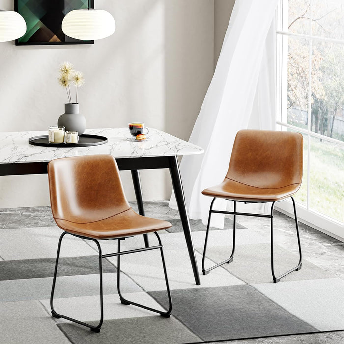 Dining Chairs Set of 2, 18In PU Leather Kitchen Chair with Metal Leg, Brown