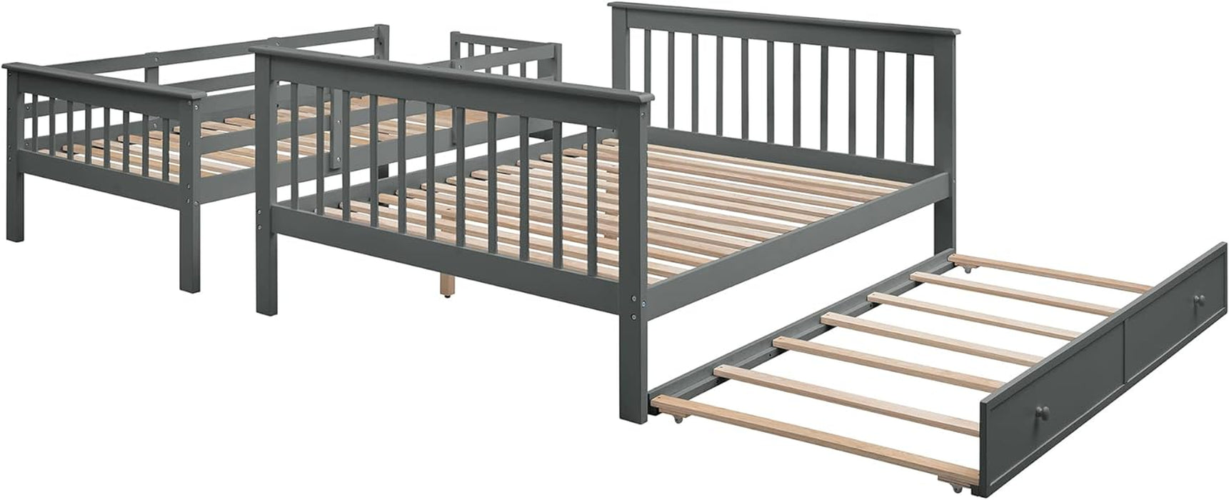 Twin over Full Bunk Bed, Wooden Bunk Bed Frame Twin over Full with Trundle and Storage Shelves, Twin over Full Size Bunk Beds with Staircases for Kids Teens Adults, Grey
