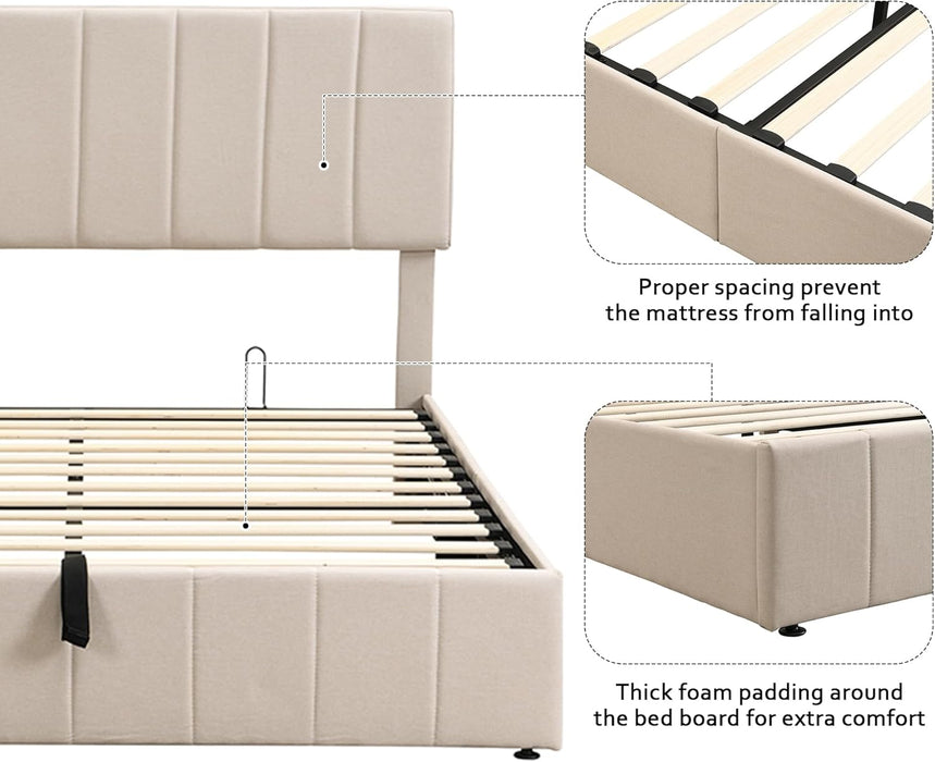 Gas Lift up Storage Platform Bed, Upholstered Bed Frame with Hydraulic Storage System and Wooden Slat Support, Queen Size, Beige