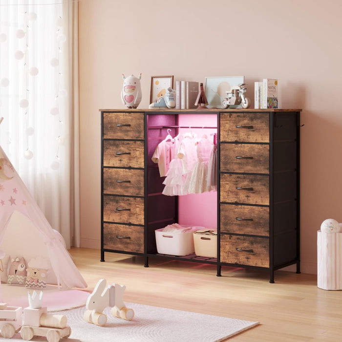 55W 2-In-1 Dresser with Hanging Rack, 10 Drawers Dresser for Bedroom,Dressers with Fabric Drawers,Led Lights, Charging Station and Hanging Racks for Bedroom (Rustic Brown)