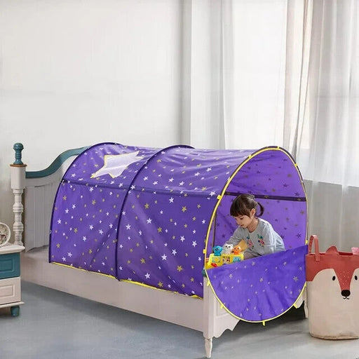 Pop up Bed Tent Twin Size Canopy Playhouse Privacy Stars Purple Kid Toddler Gift