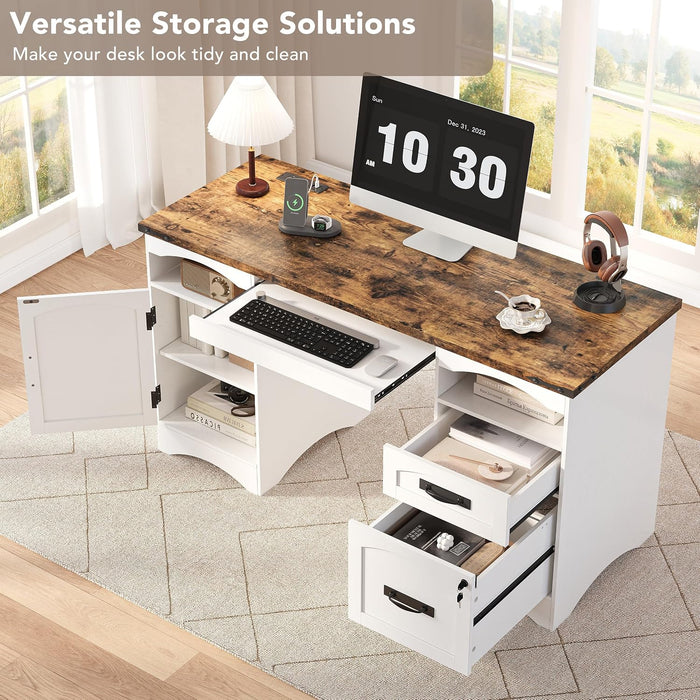 55'' Farmhouse Executive Desk with Drawers & Charging Station, White