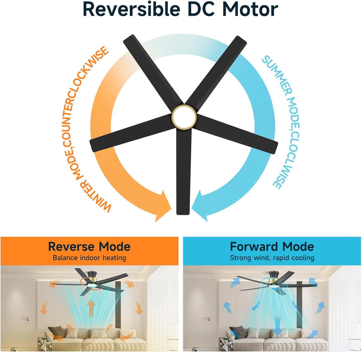 52 Inch Ceiling Fans with Lights, Large Air Volume Ceiling Fans with Reversible Quiet DC Motor and Remote（Black-Gold）
